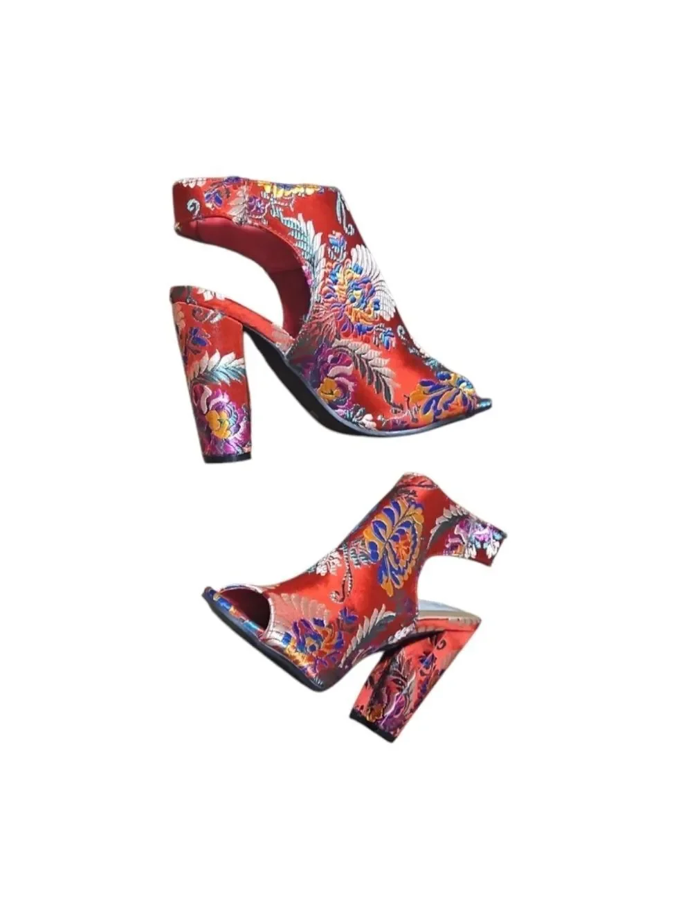 Bamboo Red Floral High Heels with Ankle Strap 5.5 Embroidered Colorful Handmade
